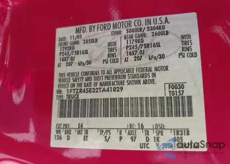 2002 Ford Ranger Edge/Xlt из США, поврежденный, VIN 1FTZR45E32TA41829